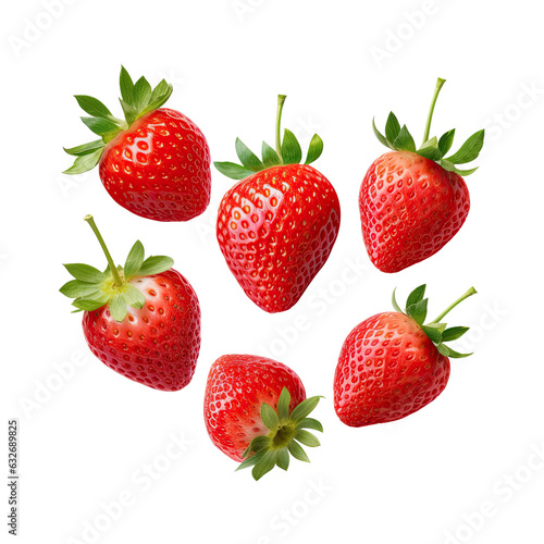 Isolated strawberries with leaf, various cuts and depths.