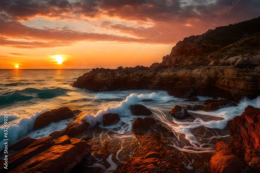 A beautiful sunset at a rocky seashore - AI Generative