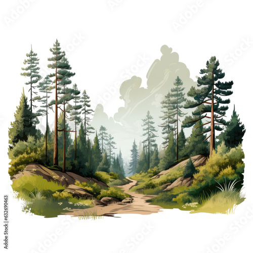 Pathway through coniferous forest with cutout trees  featuring trees  bushes  rocks  and a summer tree line landscape.