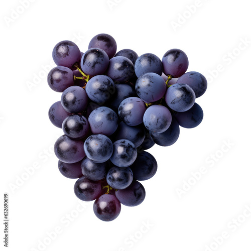 Ripe dark blue grapes, isolated on white, viewed from above.