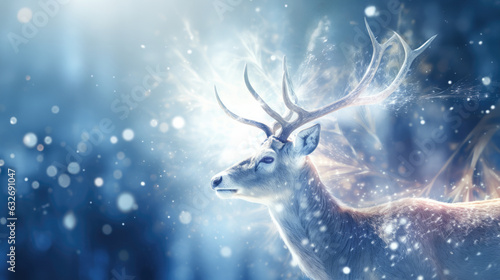 Reindeer in the magic snow forest with Christmas bokeh lights in the background. Enchanted animal brings light and joy for holidays.