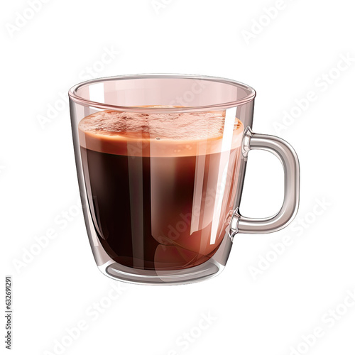Transparent glass cup filled with americano coffee, set.