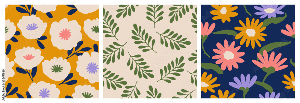 Set of hand drawn flowers, seamless patterns with floral for fabric, textiles, clothing, wrapping paper, cover, banner, interior decor, abstract backgrounds. Set of hand drawn flowers, seamless patterns with floral for fabric, textiles, clothing, wrapping paper, cover, banner, interior decor, abstract backgrounds.
