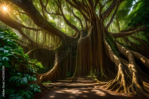 A big majestic banyan tree in a lush jungle with a beautiful cascading waterfall - AI Generative