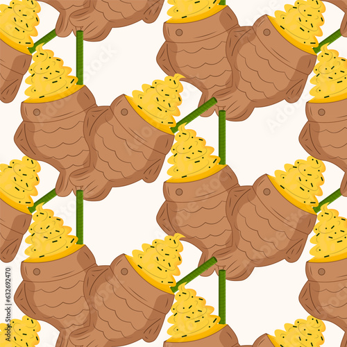 Seamless pattern biscuit fish with cream, sprinkles and straw. Vector Japanese Taiyaki ice cream.