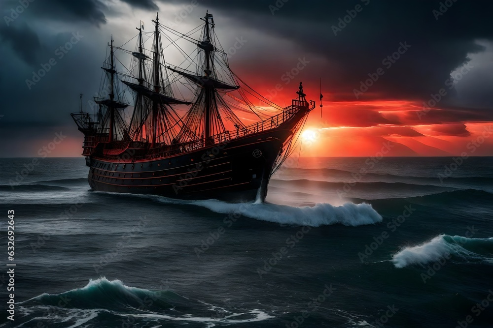 a black ship rising up the seas on a devilishly stormy afternoon - AI Generative a black ship rising up the seas on a devilishly stormy afternoon - AI Generative