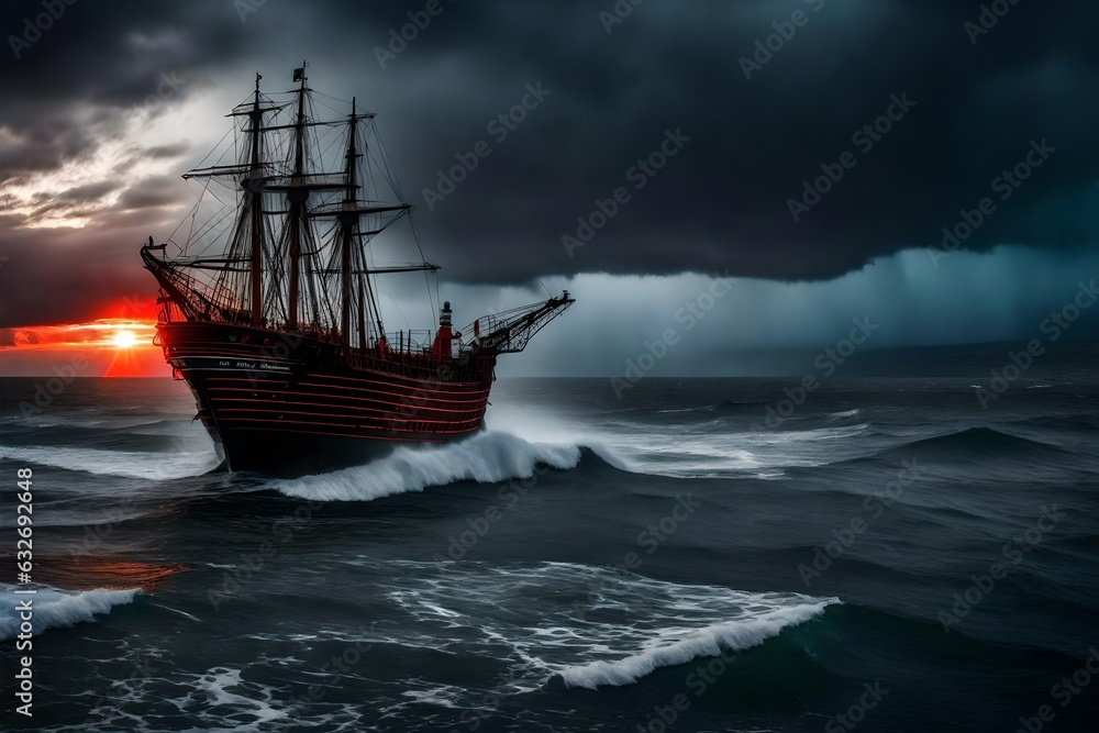 a black ship rising up the seas on a devilishly stormy afternoon - AI Generative a black ship rising up the seas on a devilishly stormy afternoon - AI Generative