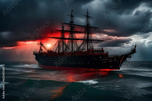 a black ship rising up the seas on a devilishly stormy afternoon - AI Generative