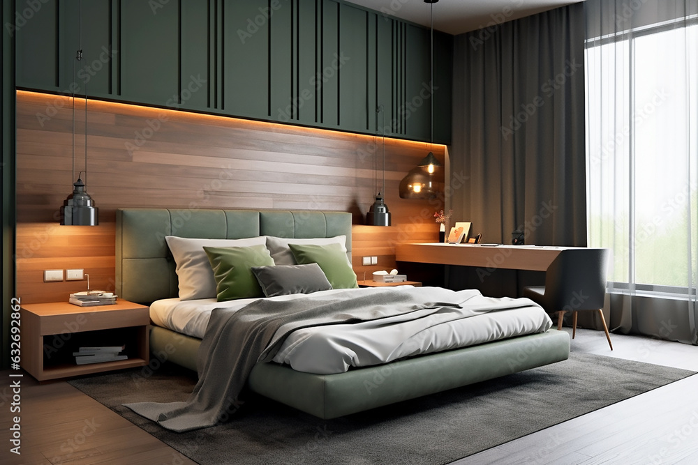 Obraz premium Modern bedroom nterior in brown and green colors. Generative AI