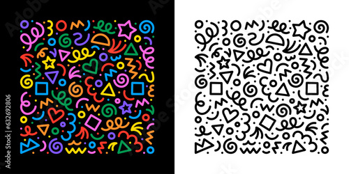 Fun colorful abstract line doodle shape background. Creative minimalist style art symbol set for children or party celebration with modern shapes. Simple upbeat drawing scribble decoration.