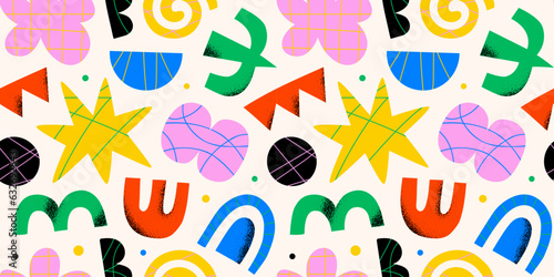 Abstract organic shape seamless pattern with colorful geometric doodles. Flat cartoon background, simple random shapes in bright childish colors. 