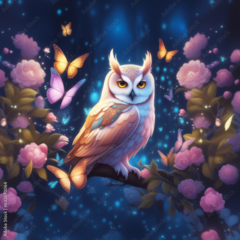 Realistic magical owl sits on a branch against a forest backdrop, bright lights and flying butterflies. Decorative background for holiday cards, Halloween, Christmas. Illustration print, cover, poster Realistic magical owl sits on a branch against a forest backdrop, bright lights and flying butterflies. Decorative background for holiday cards, Halloween, Christmas. Illustration print, cover, poster