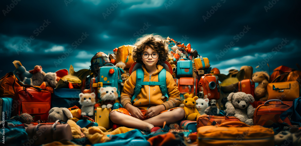 a little girl in glasses and backpack with school supplie, smiling looking at the camera, colorful background, portraits
