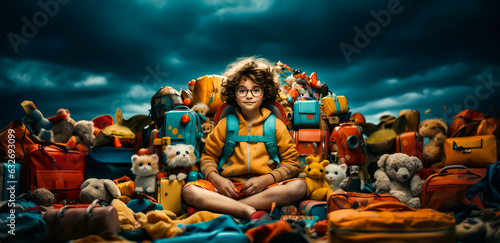 a little girl in glasses and backpack with school supplie, smiling looking at the camera, colorful background, portraits