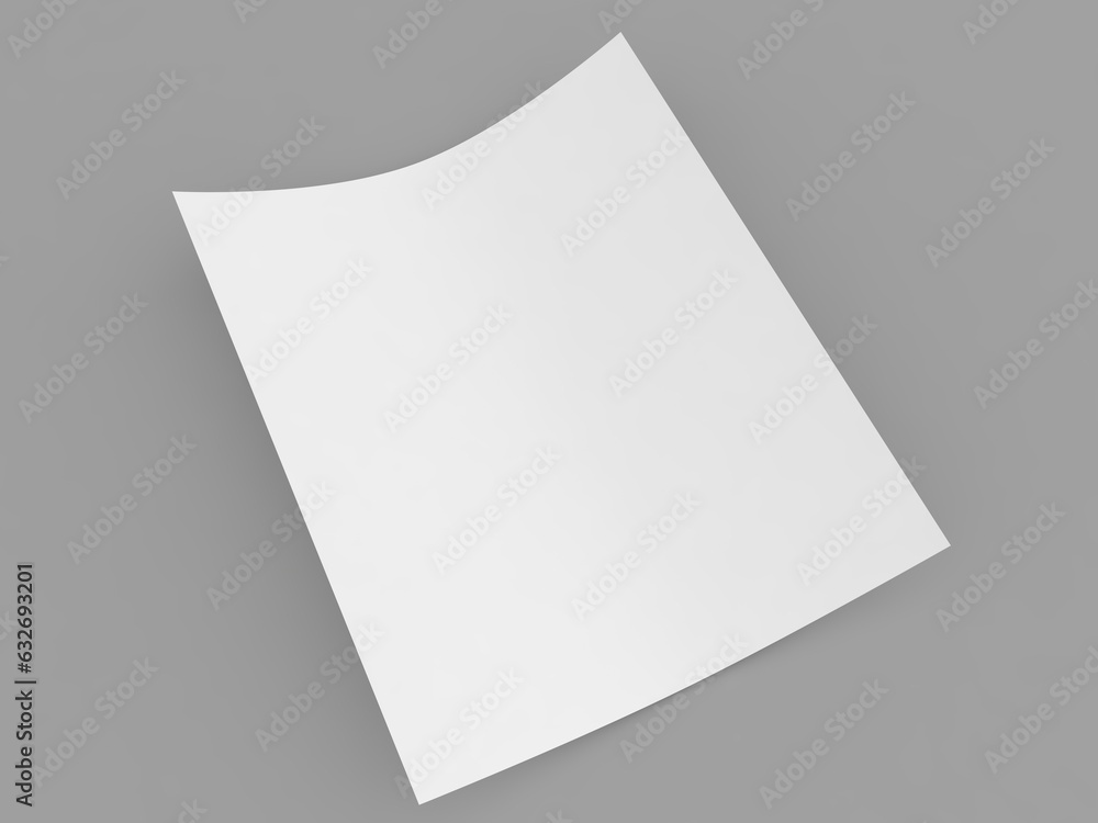 A sheet of curved A4 paper on a gray background. 3d render illustration. A sheet of curved A4 paper on a gray background. 3d render illustration.