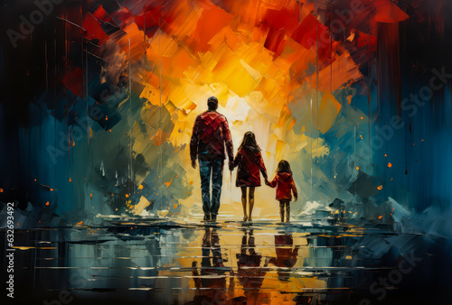 father and mother walking with kids, abstract watercolor style