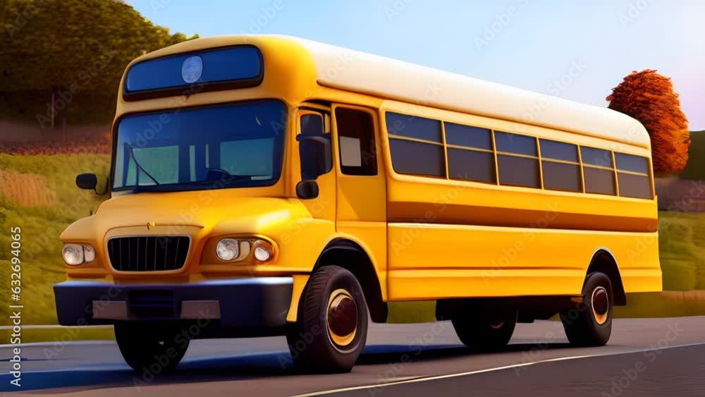 a yellow school bus is driving down the road. 4K. Generative AI a yellow school bus is driving down the road. 4K. Generative AI