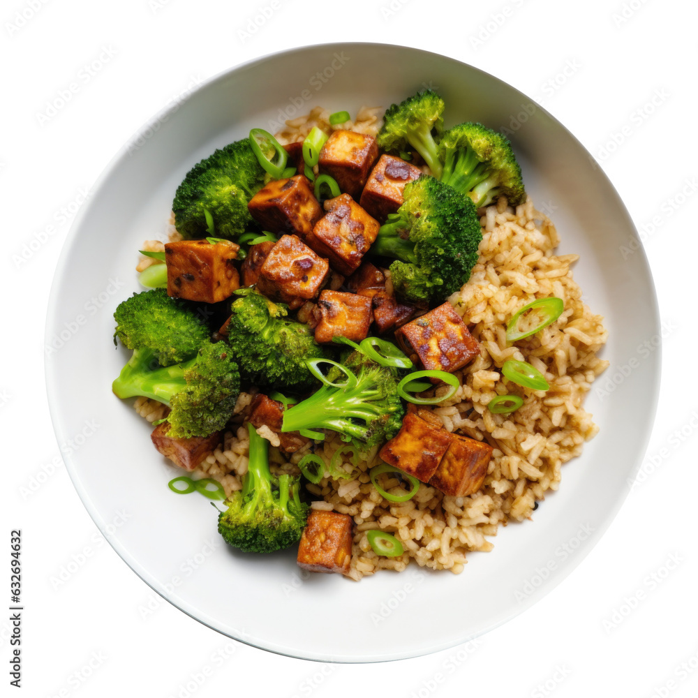 Delicious Bowl of Crispy Tofu and Broccoli over Brown Rice Isolated on a Transparent Background Delicious Bowl of Crispy Tofu and Broccoli over Brown Rice Isolated on a Transparent Background