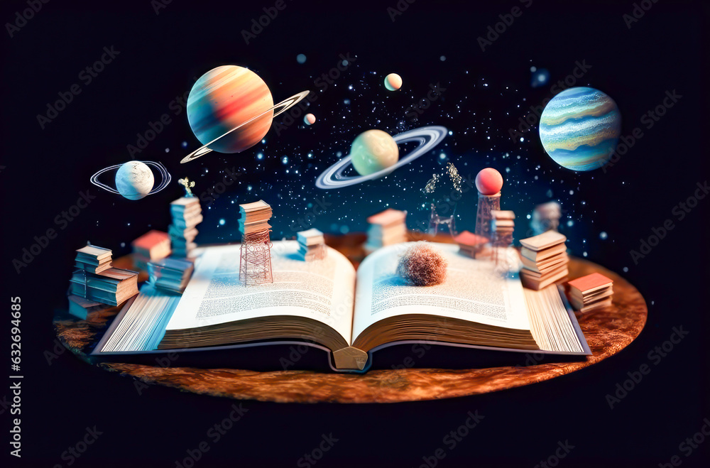 Naklejka premium an open book that tells about astronomy in 3d, representation, fantasy, studying, college