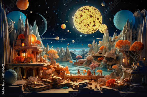 school of education has astronomy space and science , illustration of a village and a river and planets and stars in papercraft style
