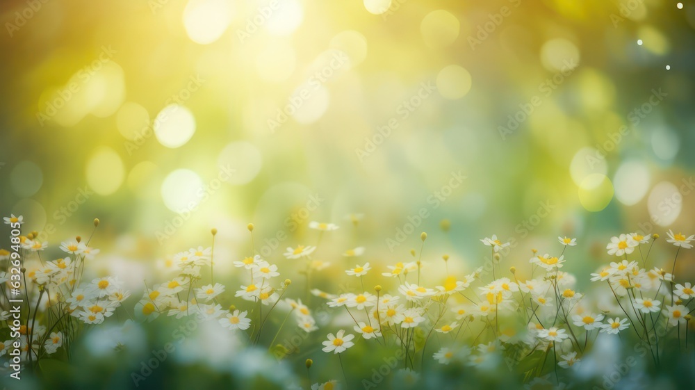 Background bokeh garden in green and yellow tones with sun rays and flowers created with Generative AI