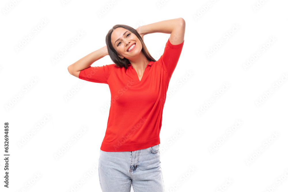 young caucasian female model with black straight hair is wearing a red t-shirt young caucasian female model with black straight hair is wearing a red t-shirt