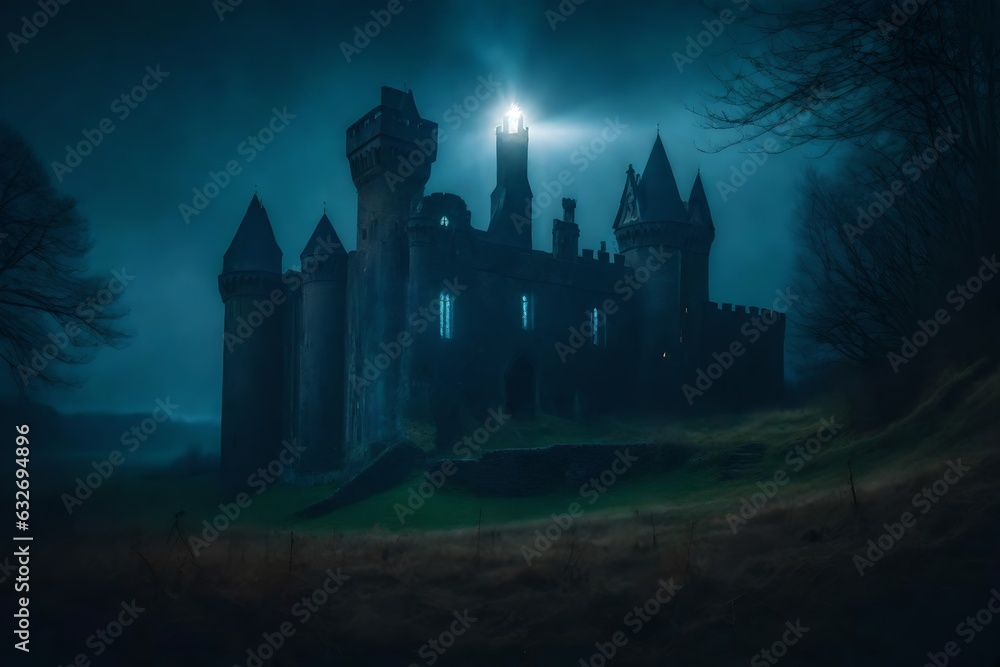 A haunting scene of an abandoned castle with ghostly apparitions and mysterious glowing lights - AI Generative