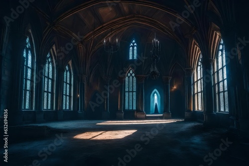A haunting scene of an abandoned castle with ghostly apparitions and mysterious glowing lights - AI Generative