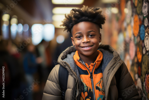 young america african boy smiling at the library school, portrait, back to school concept