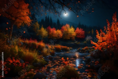 Fototapeta A magical autumn landscape at midnight, beautiful fantasy flowers - AI Generativ