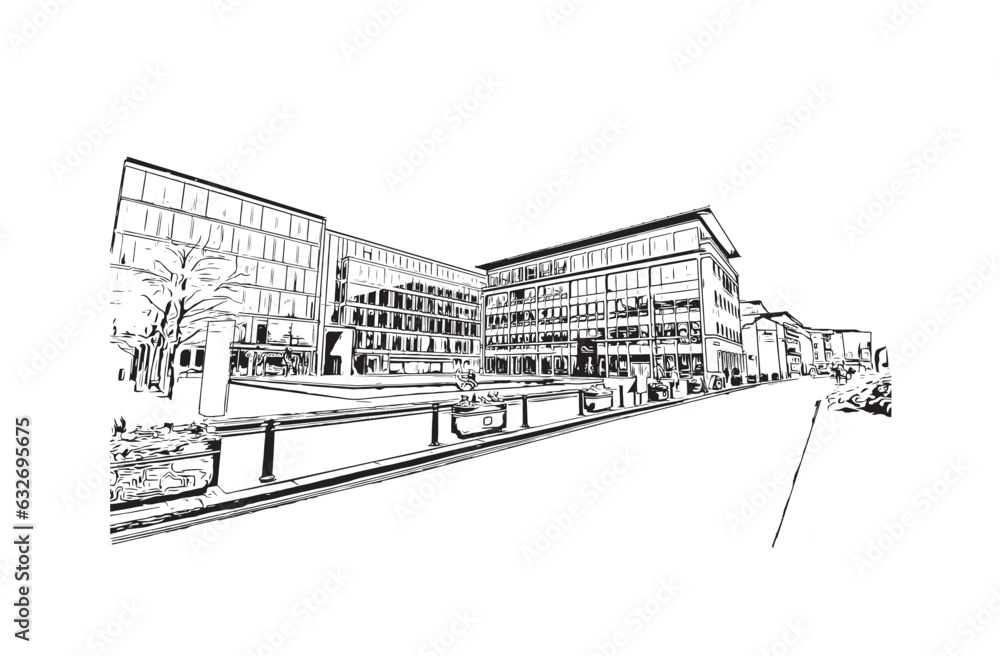 Building view with landmark of Reading is the 
town in England. Hand drawn sketch illustration in vector.