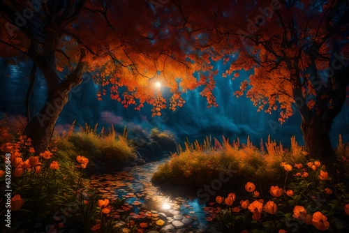 A magical autumn landscape at midnight, beautiful fantasy flowers - AI Generative