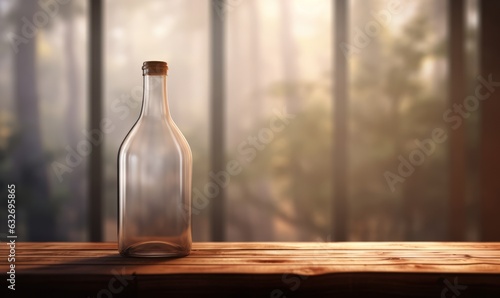 Glass Elegance: Blurred Background Wooden Surface with Glistening Bottle
