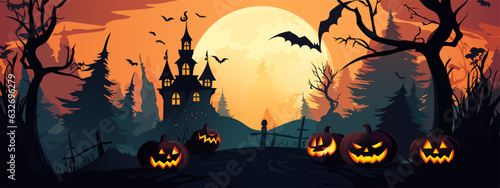 Fotografia, Obraz Halloween pumpkins, bats, a cemetery and a scary castle against the backdrop of a spooky big orange moon