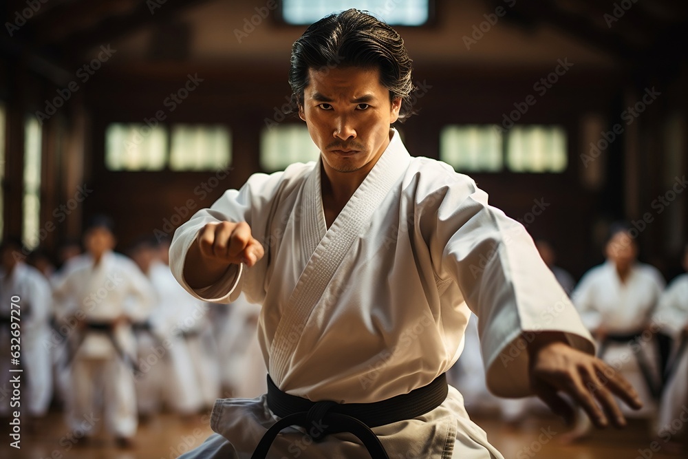 Asian martial art karate training taking place in a dojo hall. Stock