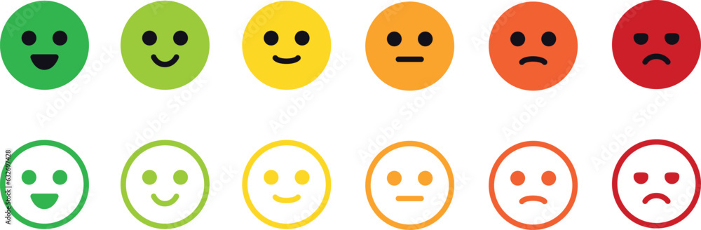 Fototapeta premium Smiley. Emotion reactions. Feedback emoji. Emoticons icons set. Emoji faces collection. Emojis flat style. Feedback. Rating. Happy, smile, neutral, sad and angry emoji. Line smiley face. Vector 