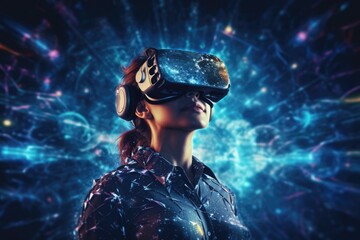 A woman wearing VR headset user, surreal world and virtual reality, colorful flowers fields. Generative AI