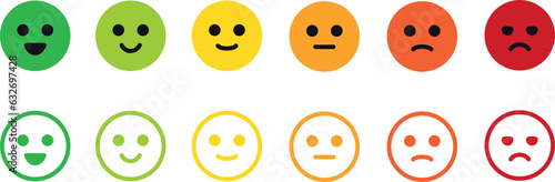 Smiley. Emotion reactions. Feedback emoji. Emoticons icons set. Emoji faces collection. Emojis flat style. Feedback. Rating. Happy, smile, neutral, sad and angry emoji. Line smiley face. Vector 