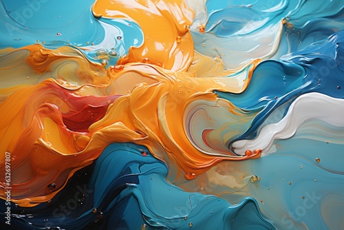  Mesmerizing closeup of intermixing oil and water paints, creating vibrant abstract patterns. photo