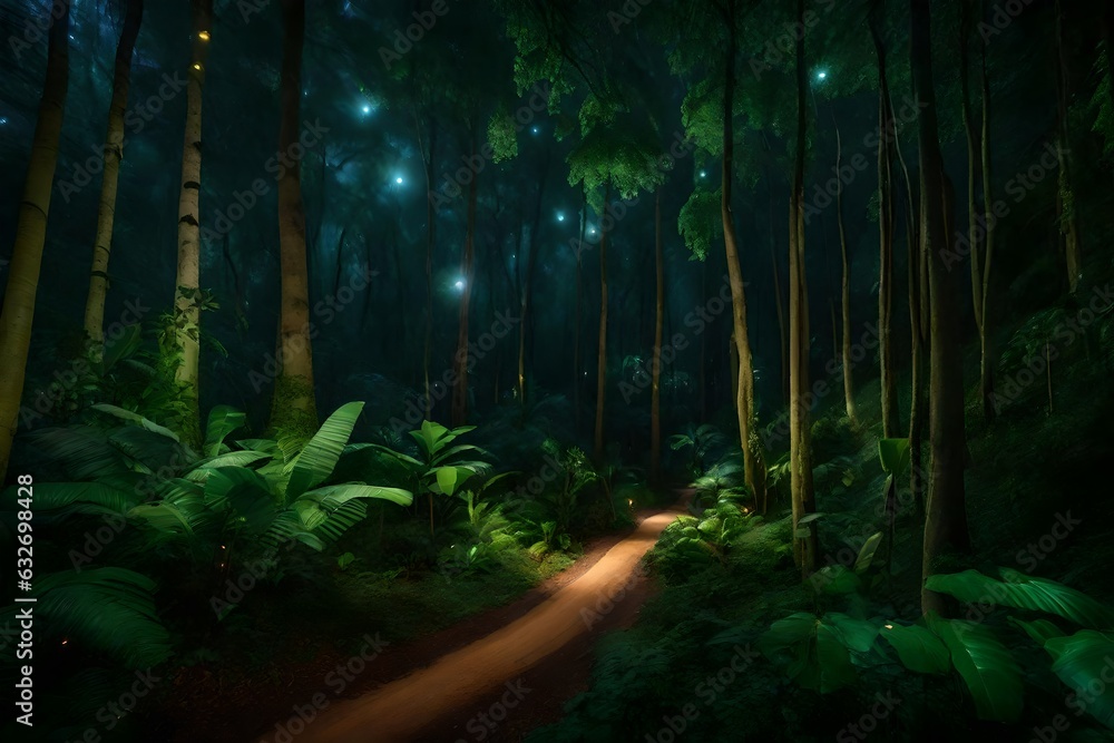 A serene path winds through the heart of a lush rainforest under a starlit night sky - AI Generative