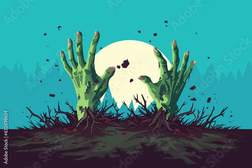 Halloween. The hands of the dead man burst out of the ground. The walking Dead. Zombies rise from their graves on a full moon. Vector illustration.
