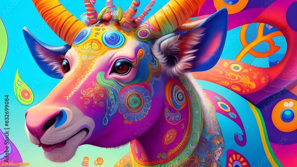 A majestic, colorful cow standing atop a vibrant, abstract mural of bright colors. A majestic, colorful cow standing atop a vibrant, abstract mural of bright colors.