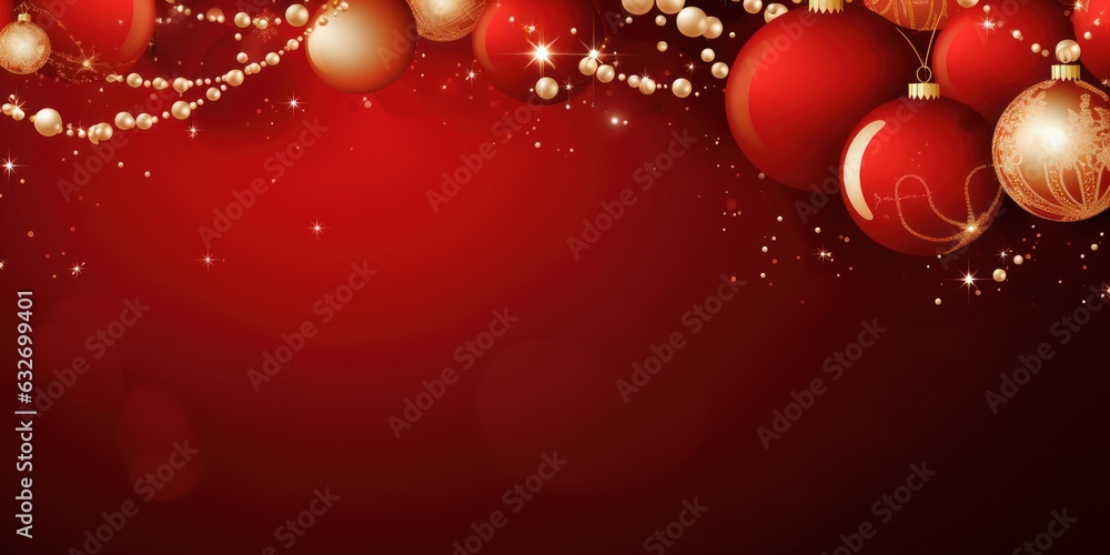 Christmas composition balls and ribbons. X-mass red decorations on a red background. Top view, banner, space for text. Generative AI illustration Christmas composition balls and ribbons. X-mass red decorations on a red background. Top view, banner, space for text. Generative AI illustration