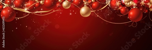 Christmas composition balls and ribbons. X-mass red decorations on a red background. Top view, banner, space for text. Generative AI illustration
