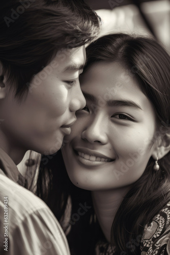 Smiling young Thai couple embracing together. Photorealistic image. Generative AI