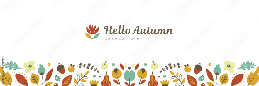 秋の植物のバナー背景 シンプルな花や葉っぱの飾り枠イラスト