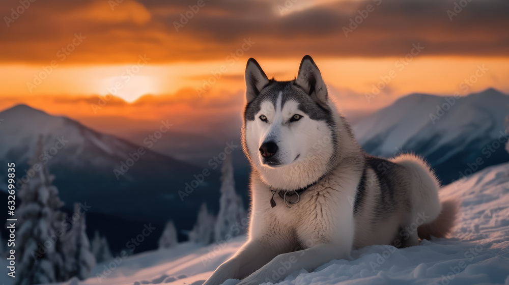 Snowy Husky Excitement. Playful Siberian Husky Running through Snow with a Glorious Sunset. Outdoor Joy AI Generative.
