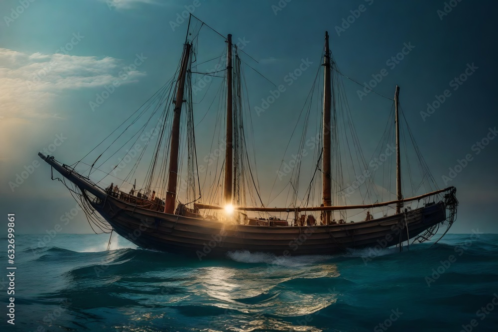 A small sailing ship that hit something underwater and is going to sink - AI Generative A small sailing ship that hit something underwater and is going to sink - AI Generative