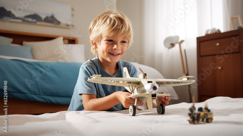 Happy child boy playing with a wooden toy airplane