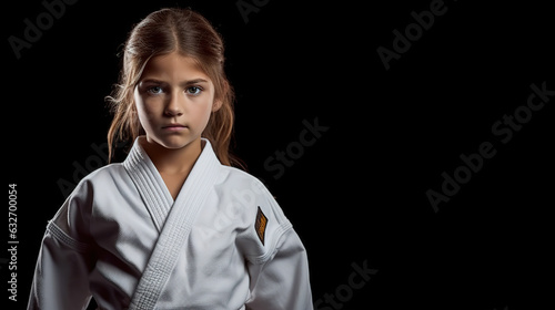 Little girl in martial arts uniform on black background, judo, Jujutsu, karate, taekwondo, jiu-jitsu
